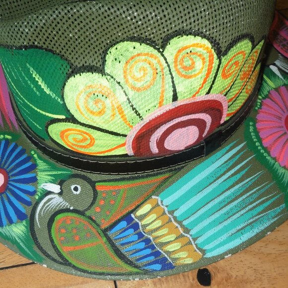 Mexican Artisan Hat Hand Painted Birds/Flowers Fedora Sombrero Panama Boho - Picture 1 of 6